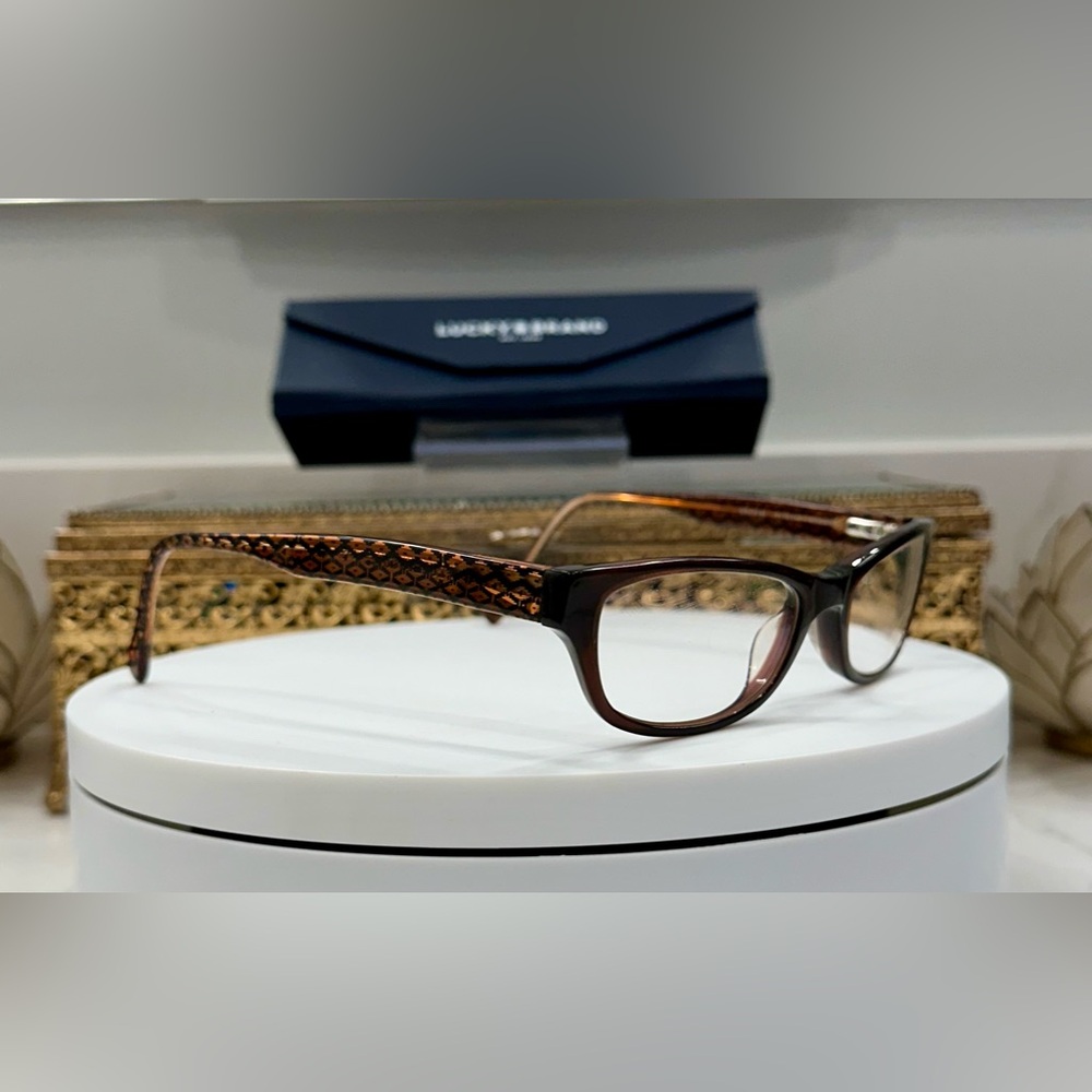 Lucky Brand - Route 66 - Rx Eyeglass Frames Brown/Amber, Tribal Arm Detail, Case